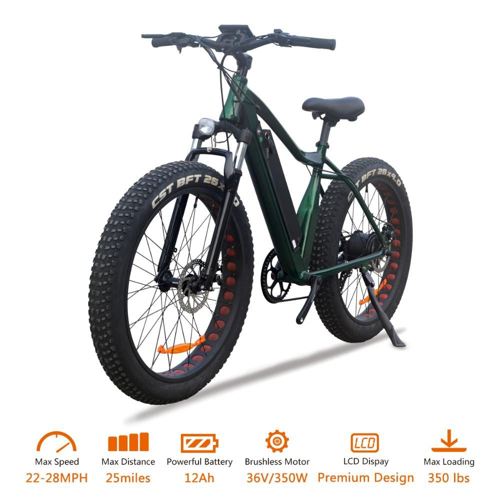 VTUVIA 26 * 4.0'' Fat tire Mountain Electric bicycle 36V Li-ion battery 350W Brushless Motor E Bike 50km Long Distance Ebike