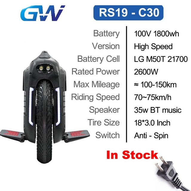 Gotway RS Begode RS 18inch RS19  C30 C38 Electric Unicycle one wheel monowheel 2600W 100V 1800Wh 21700 battery High Speed