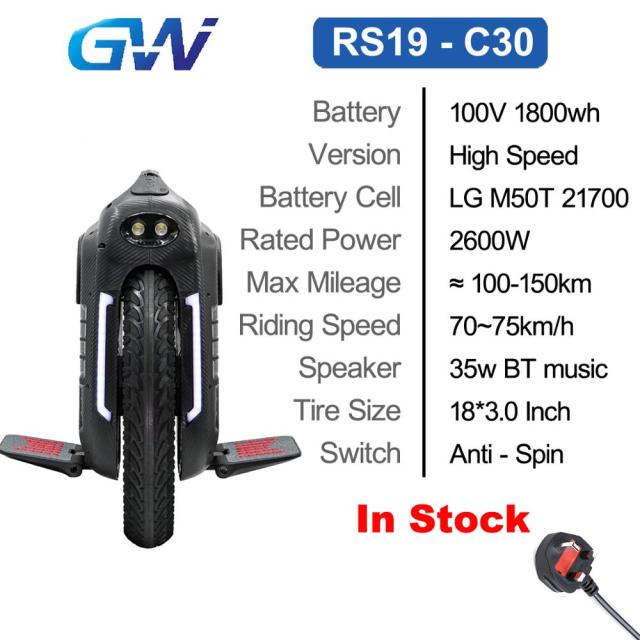 Gotway RS Begode RS 18inch RS19  C30 C38 Electric Unicycle one wheel monowheel 2600W 100V 1800Wh 21700 battery High Speed