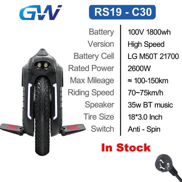 Gotway RS Begode RS 18inch RS19  C30 C38 Electric Unicycle one wheel monowheel 2600W 100V 1800Wh 21700 battery High Speed