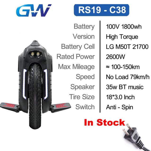 Gotway RS Begode RS 18inch RS19  C30 C38 Electric Unicycle one wheel monowheel 2600W 100V 1800Wh 21700 battery High Speed