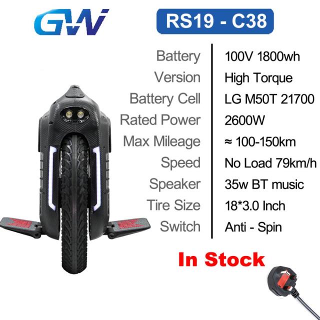Gotway RS Begode RS 18inch RS19  C30 C38 Electric Unicycle one wheel monowheel 2600W 100V 1800Wh 21700 battery High Speed