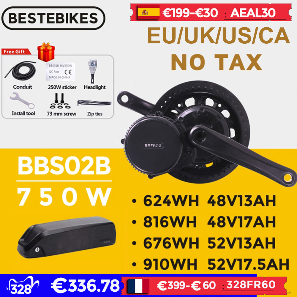 Bafang Motor BBS02B BBS02 48V 750W Mid Drive Motor 8fun Electric Bike Engine Conversion Kit 52V17.5Ah 20Ah Lithium Battery Kits