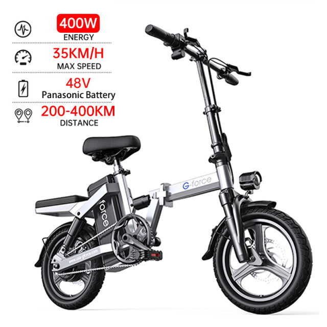 G-force 48V 400W Electric Bicycle 400KM Long Distance Panasonic Battery Waterproof Folding Ebike Adults 35KM/H 14INCH Fat Tire