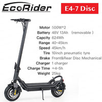 EcoRider E4-7 Electric Scooter 10inch Dual Motor Foldable 1000W Motor 48V 13Ah 45km/h Pneumatic Tyre Skateboard