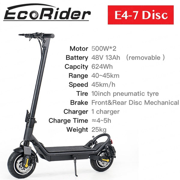 EcoRider E4-7 Electric Scooter 10inch Dual Motor Foldable 1000W Motor 48V 13Ah 45km/h Pneumatic Tyre Skateboard