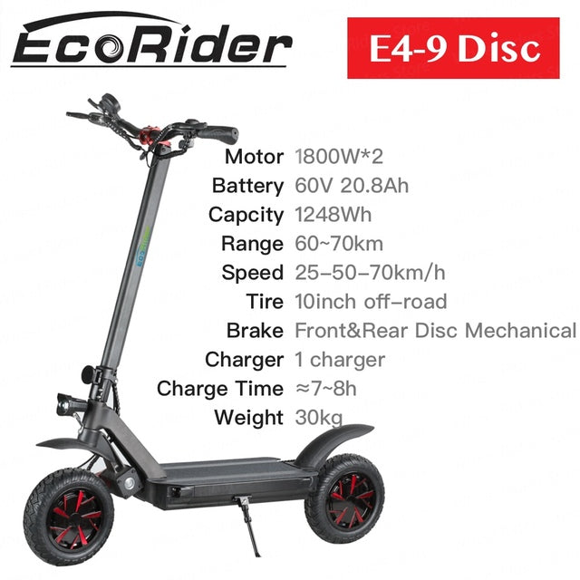 EcoRider E4-9 Electric Scooter 10inch Dual Motor Folding 3600W Brushless Hub Motor Off Road Vacuum Skateboard