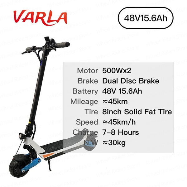 Original Varla Electric Scooter 500W*2 1000W 48V 15.6Ah Long Range Solid Tire City Commuter Two Wheels Skateboard Adult