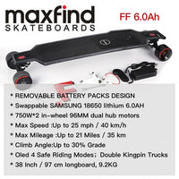 MAXFIND FF 6.0Ah Electric Skateboard 750Wx2 Longboard 40km/h 35km 9.2kg 38inch 97cm Deck Toy