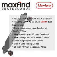 MAXFIND Max4Pro Dual Hub Motor Lithium Battery Electric Skateboard Longboard with Wireless Remote Control 750W*2 25km/h 38inch
