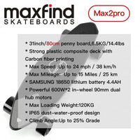 MAXFIND Max2Pro Dual Hub Motor Lithium Battery Electric Skateboard Longboard 24mph 38km/h 600W*2 31inch 80cm Penny Board