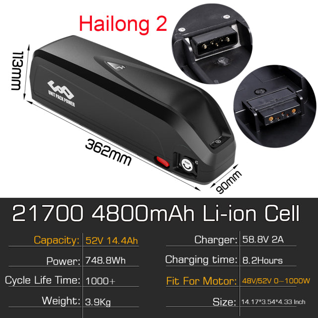 eBike Battery 36V 48V 52V 20Ah 19.2Ah 28.8Ah 21700 Tesla 4800mAh Cell Electric Bicycle Bateria for 1500W 1000W 750W 500W Motor