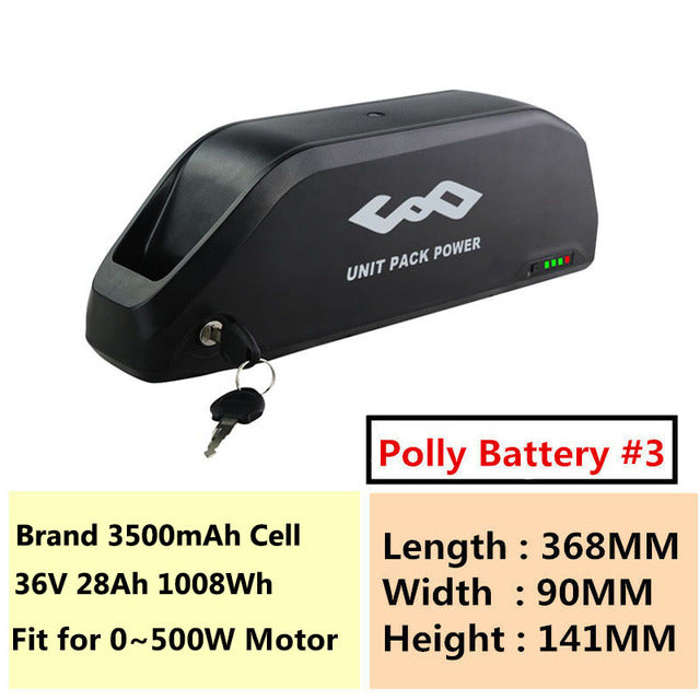 36V Polly eBike Battery 36V 31.5Ah 28Ah 24.5Ah 18Ah 15Ah Long Range Bicycle Batteries for 500W 350W 250W Bafang TSDZ2 Motor