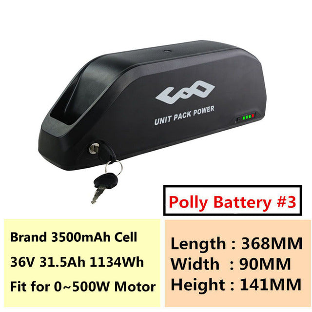 36V Polly eBike Battery 36V 31.5Ah 28Ah 24.5Ah 18Ah 15Ah Long Range Bicycle Batteries for 500W 350W 250W Bafang TSDZ2 Motor