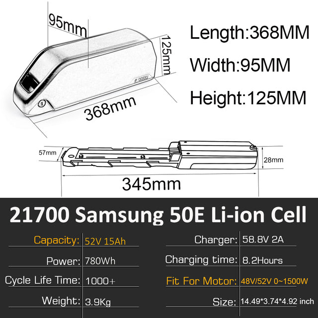 Bluetooth eBike Battery Polly 36V 48V 52V 15Ah 20Ah 25Ah 21700 Samsung 50E Bicycle Bateria for 1500W 1000W 750W 500W 350W Motor