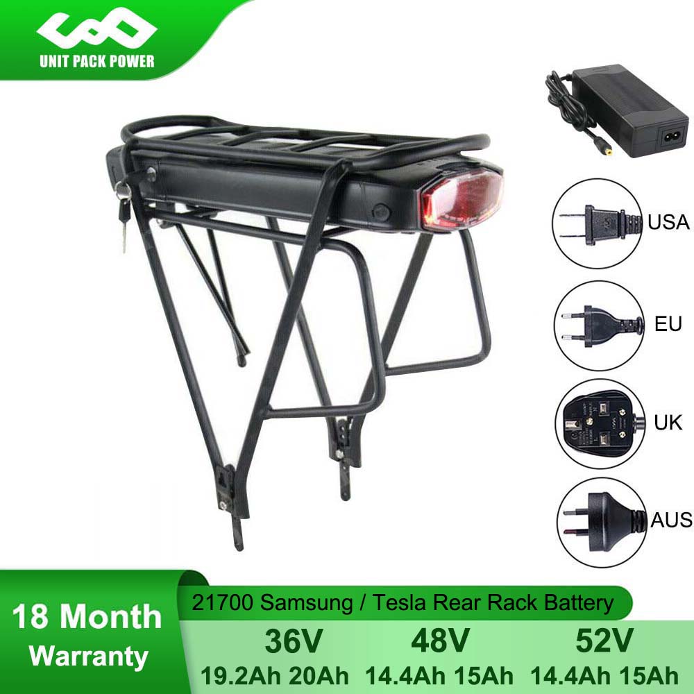 21700 Rear Rack Bicycle Battery 36V 20Ah 48V 15Ah 52V 15Ah With Samsung/Tesla Li-ion Cell for 1500W 1000W 750W 500W Bafang Motor