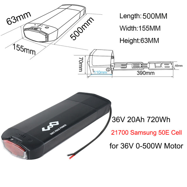 21700 Rear Rack Bicycle Battery 36V 20Ah 48V 15Ah 52V 15Ah With Samsung/Tesla Li-ion Cell for 1500W 1000W 750W 500W Bafang Motor