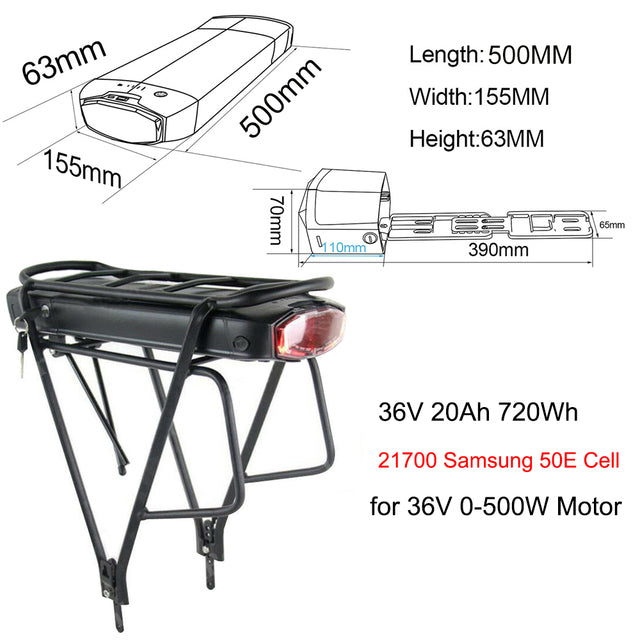 21700 Rear Rack Bicycle Battery 36V 20Ah 48V 15Ah 52V 15Ah With Samsung/Tesla Li-ion Cell for 1500W 1000W 750W 500W Bafang Motor