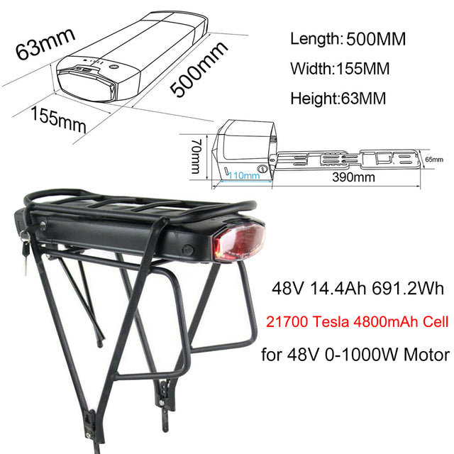 21700 Rear Rack Bicycle Battery 36V 20Ah 48V 15Ah 52V 15Ah With Samsung/Tesla Li-ion Cell for 1500W 1000W 750W 500W Bafang Motor