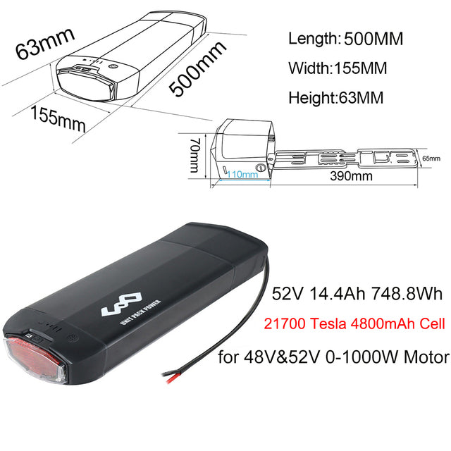 21700 Rear Rack Bicycle Battery 36V 20Ah 48V 15Ah 52V 15Ah With Samsung/Tesla Li-ion Cell for 1500W 1000W 750W 500W Bafang Motor