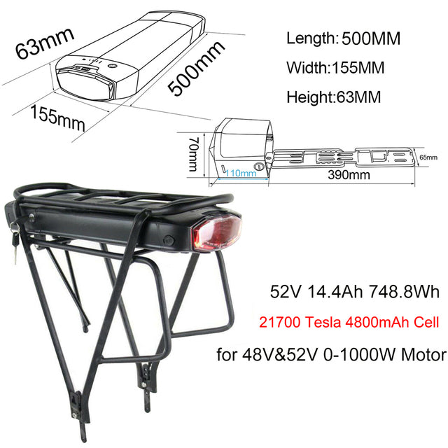 21700 Rear Rack Bicycle Battery 36V 20Ah 48V 15Ah 52V 15Ah With Samsung/Tesla Li-ion Cell for 1500W 1000W 750W 500W Bafang Motor