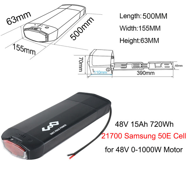 21700 Rear Rack Bicycle Battery 36V 20Ah 48V 15Ah 52V 15Ah With Samsung/Tesla Li-ion Cell for 1500W 1000W 750W 500W Bafang Motor