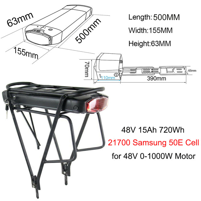 21700 Rear Rack Bicycle Battery 36V 20Ah 48V 15Ah 52V 15Ah With Samsung/Tesla Li-ion Cell for 1500W 1000W 750W 500W Bafang Motor
