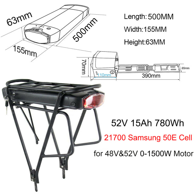 21700 Rear Rack Bicycle Battery 36V 20Ah 48V 15Ah 52V 15Ah With Samsung/Tesla Li-ion Cell for 1500W 1000W 750W 500W Bafang Motor