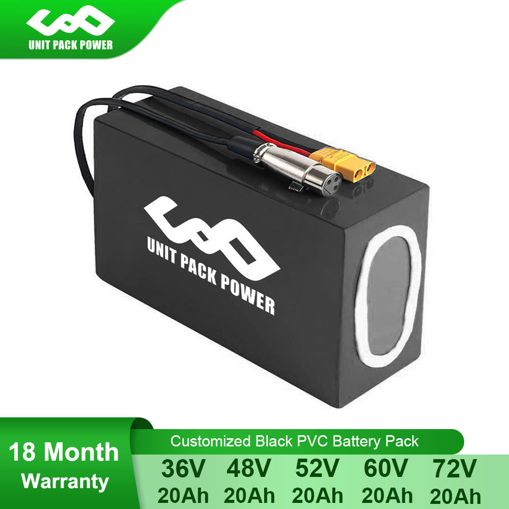 Black PVC Battery Pack 60V 20Ah 72V 20Ah 36V 20Ah 48V 20Ah 52V 20Ah Electric eScooter Batteries for 3000W 2000W 1000W 500W Motor
