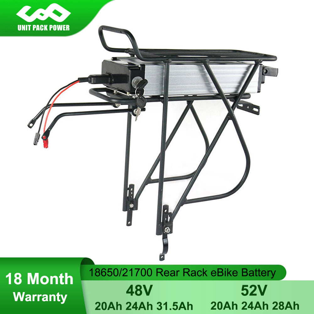 Long Range 48V 52V 31.5Ah 24Ah 20Ah Rear Rack eBike Battery With 18650/21700 Li-ion Cell for 2000W 1500W 1000W 750W 500W Motor