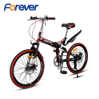 FOREVER Folding Mountain Bike High Carbon Steel Bicycle Student Adult Mechanical Disc Brake Road Bike Fold-away MTB 22in 7 Speed
